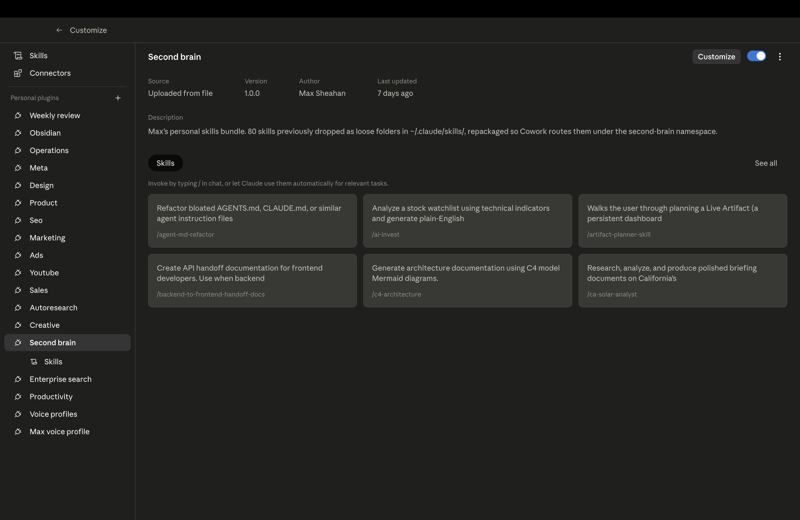 A configured AI system showing 80 installed skills across operations, design, marketing, sales, and productivity, with agents and custom workflows