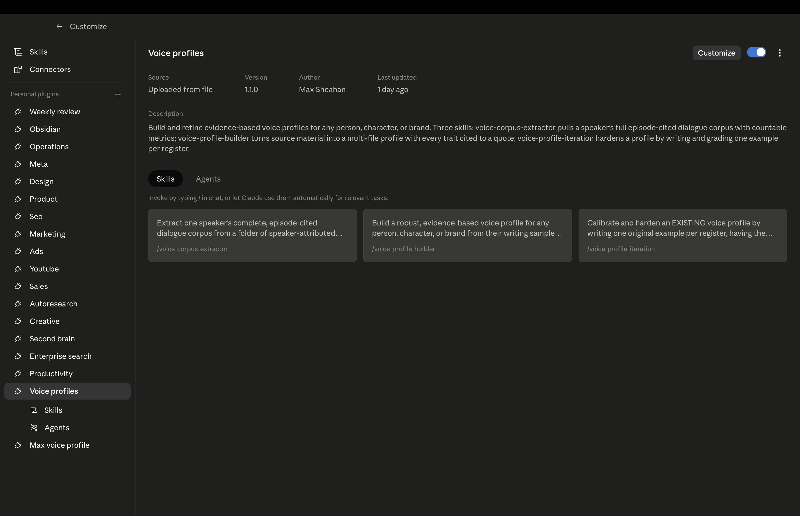 A voice profile system showing three skills: corpus extractor, profile builder, and profile iteration, with agents and a stored voice profile